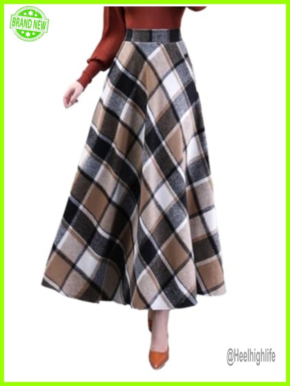 Plaid Maxi Skirt Long A-Line High Elastic Waist with Pockets